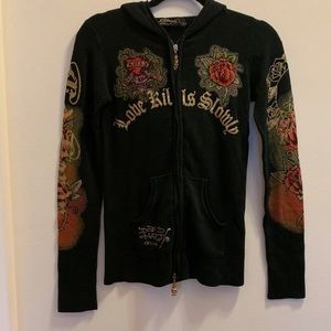 ••SOLD••Ed Hardy women’s Black zip up sweater